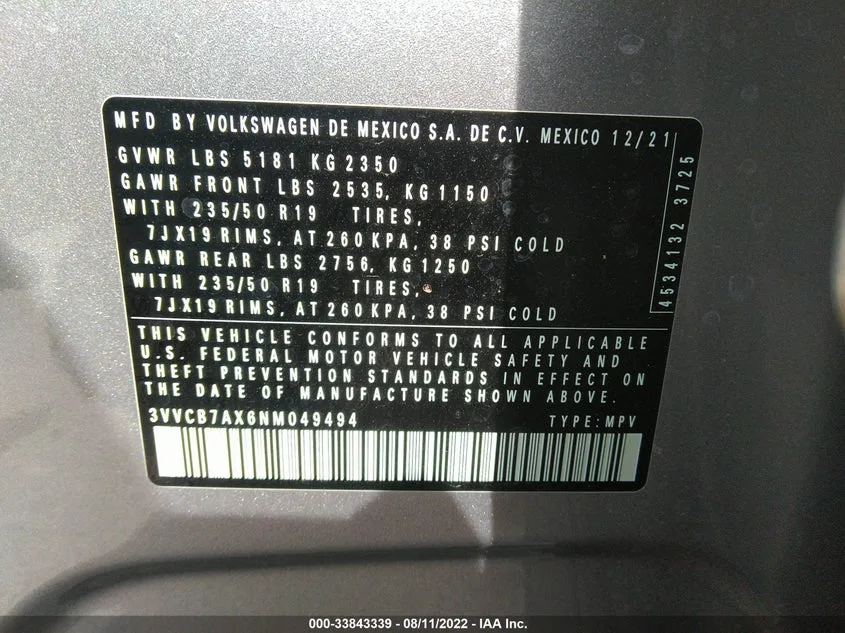 3VVCB7AX6NM049494 — 2022 VOLKSWAGEN Tiguan photo 8